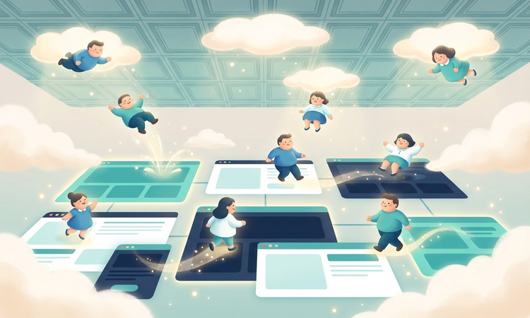 Illustration of people falling from a ceiling onto website pages — some bouncing away, others staying to explore