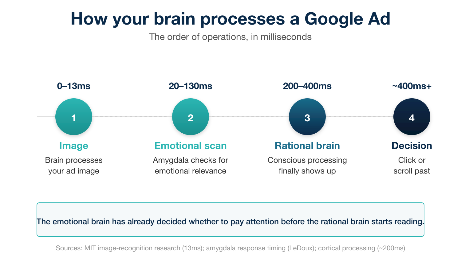 Brain processing timeline showing how images are processed in 0-13ms, emotional scan in 20-130ms, rational processing in 200-400ms, and decision at ~400ms+